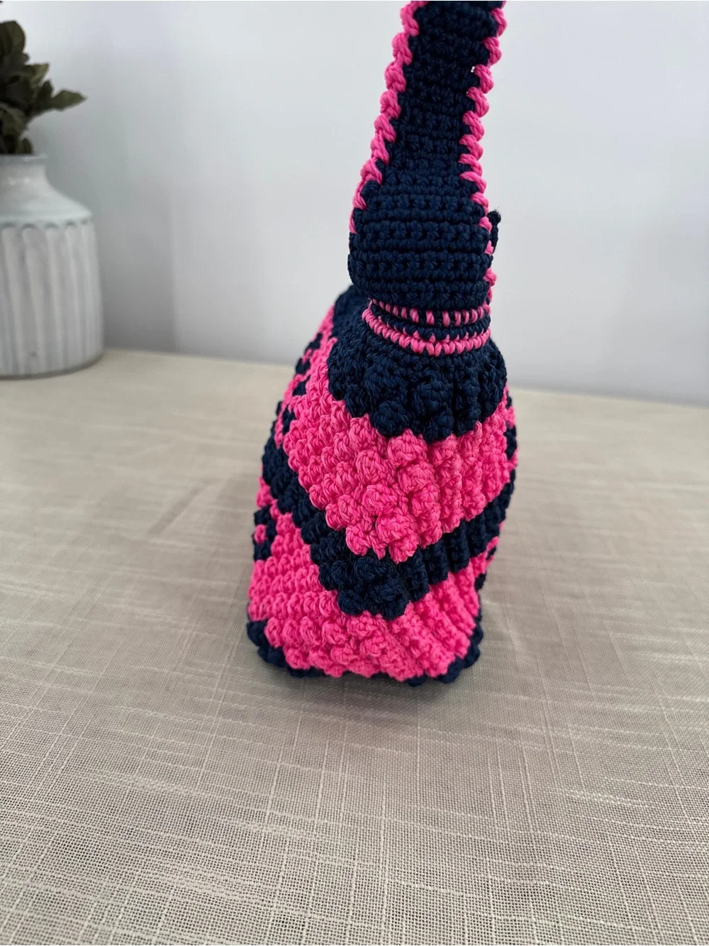 Vintage Knitility Crochet Shoulder Bag Hot Pink Navy Structured Purse